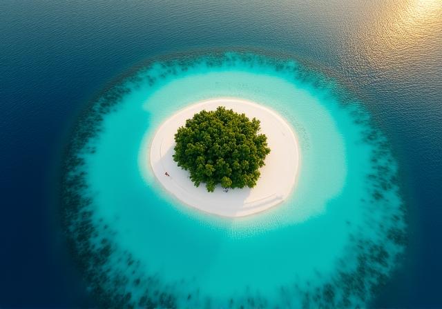 Veduta aerea di un atollo privato remoto nelle Maldive