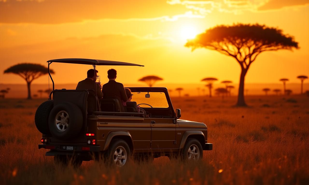Un magnifico tramonto sulla savana africana con un lussuoso veicolo da safari in primo piano