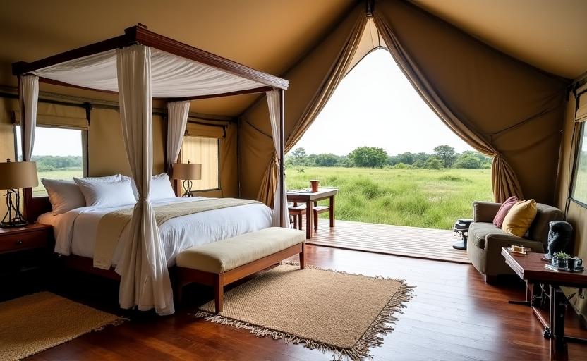 Interno di una tenda glamping ultra-lusso con vista panoramica sulla riserva naturale